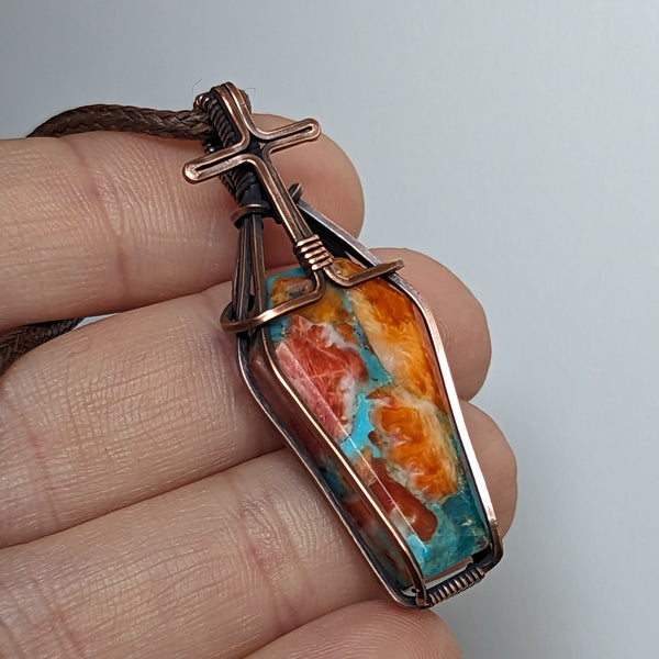 Spiny Oyster Composite Coffin Gravestone Wire Wrapped Oxidized Copper Pendant