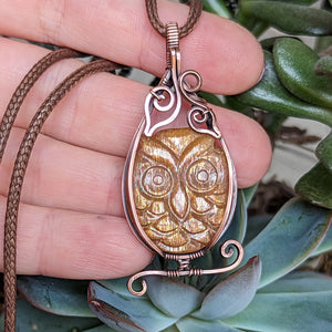 Carved Sunstone Owl Wire Wrapped Oxidized Copper Pendant