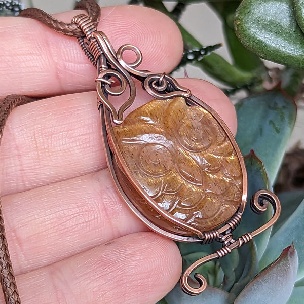 Carved Sunstone Owl Wire Wrapped Oxidized Copper Pendant
