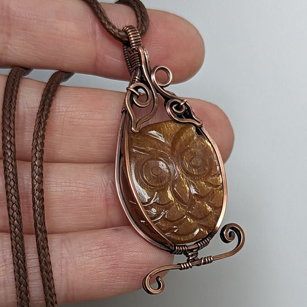 Carved Sunstone Owl Wire Wrapped Oxidized Copper Pendant