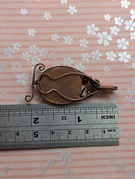 Carved Sunstone Owl Wire Wrapped Oxidized Copper Pendant