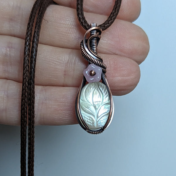 Mother of Pearl Carved Quartz Doublet Wire Wrapped Oxidized Copper Pendant
