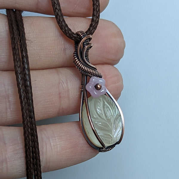 Mother of Pearl Carved Quartz Doublet Wire Wrapped Oxidized Copper Pendant