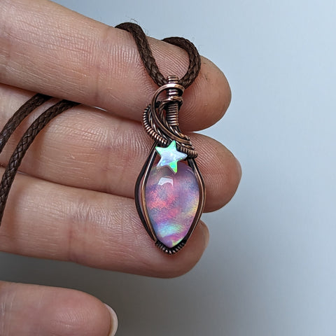 Aurora Opal Doublet Wire Wrapped Oxidized Copper Pendant