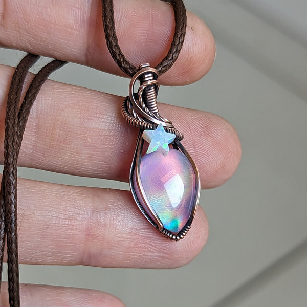 Aurora Opal Doublet Wire Wrapped Oxidized Copper Pendant