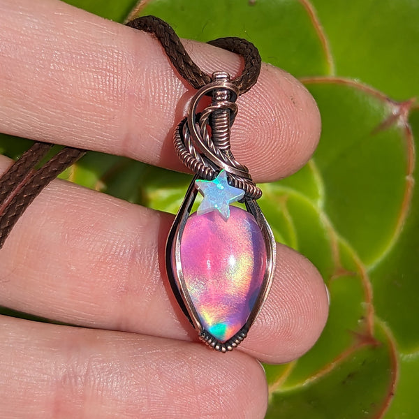 Aurora Opal Doublet Wire Wrapped Oxidized Copper Pendant