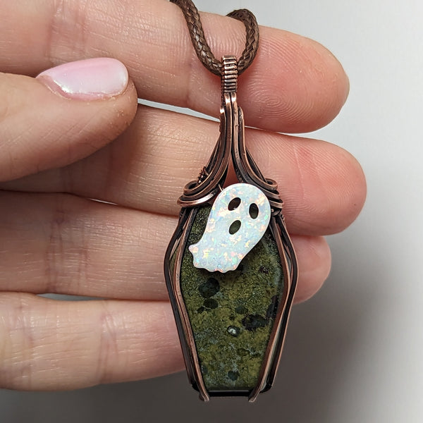Dragon Bloodstone Ghost Coffin Wire Wrapped Oxidized Copper Pendant