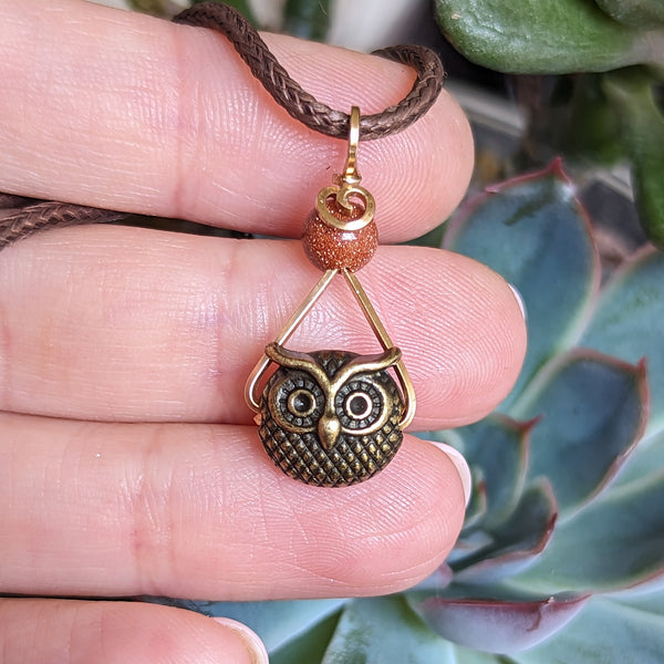 Owl & Goldstone Wire Wrapped Bronze Pendant