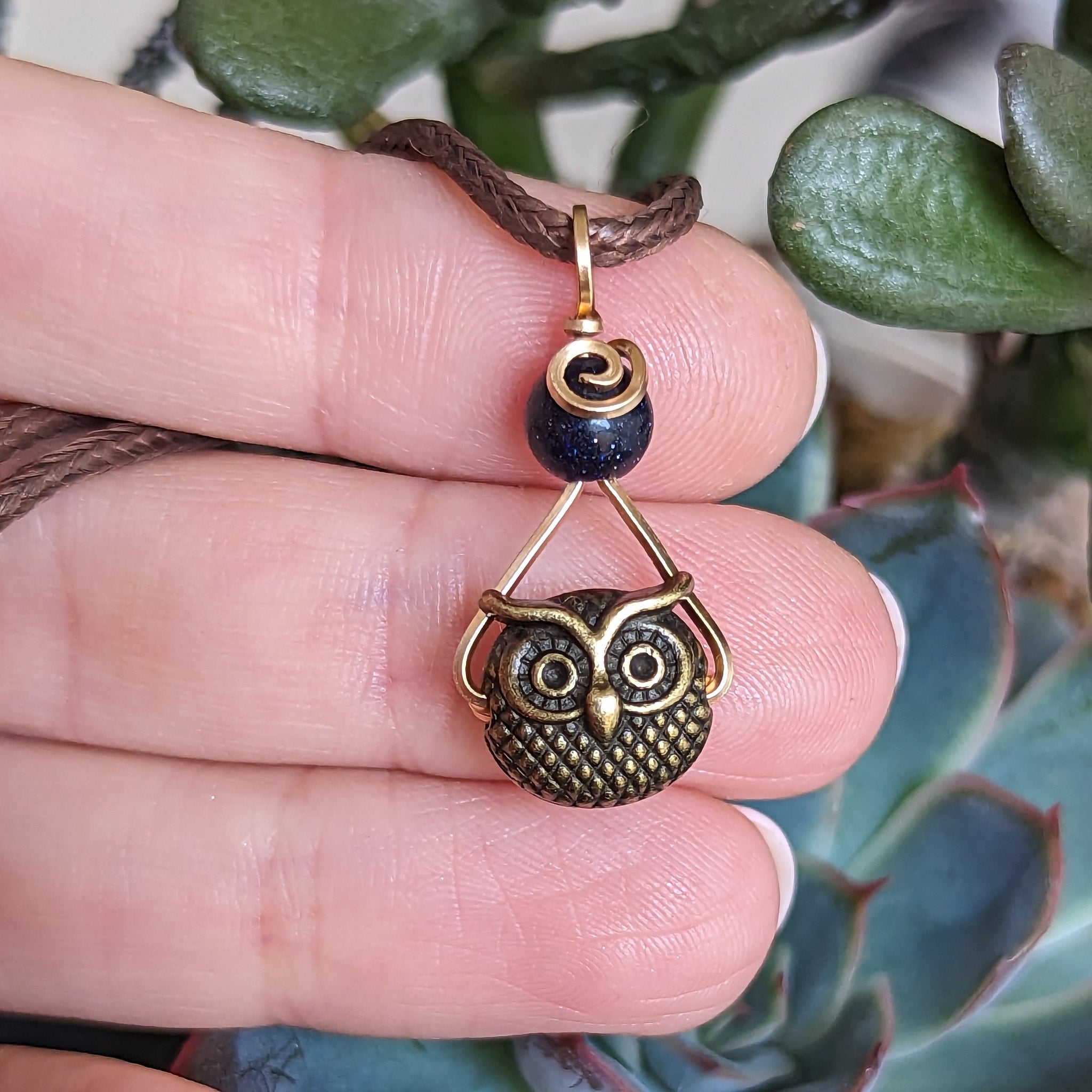 Owl & Blue Goldstone Wire Wrapped Bronze Pendant