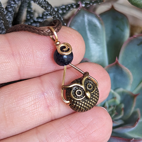 Owl & Blue Goldstone Wire Wrapped Bronze Pendant
