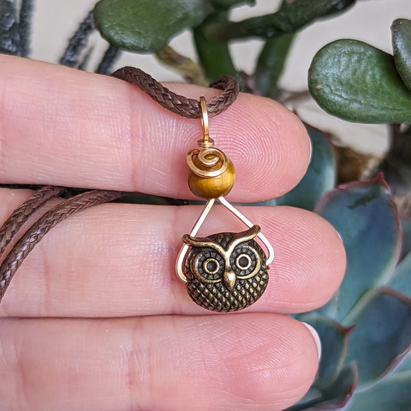 Owl & Tiger's Eye Wire Wrapped Bronze Pendant