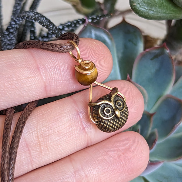 Owl & Tiger's Eye Wire Wrapped Bronze Pendant