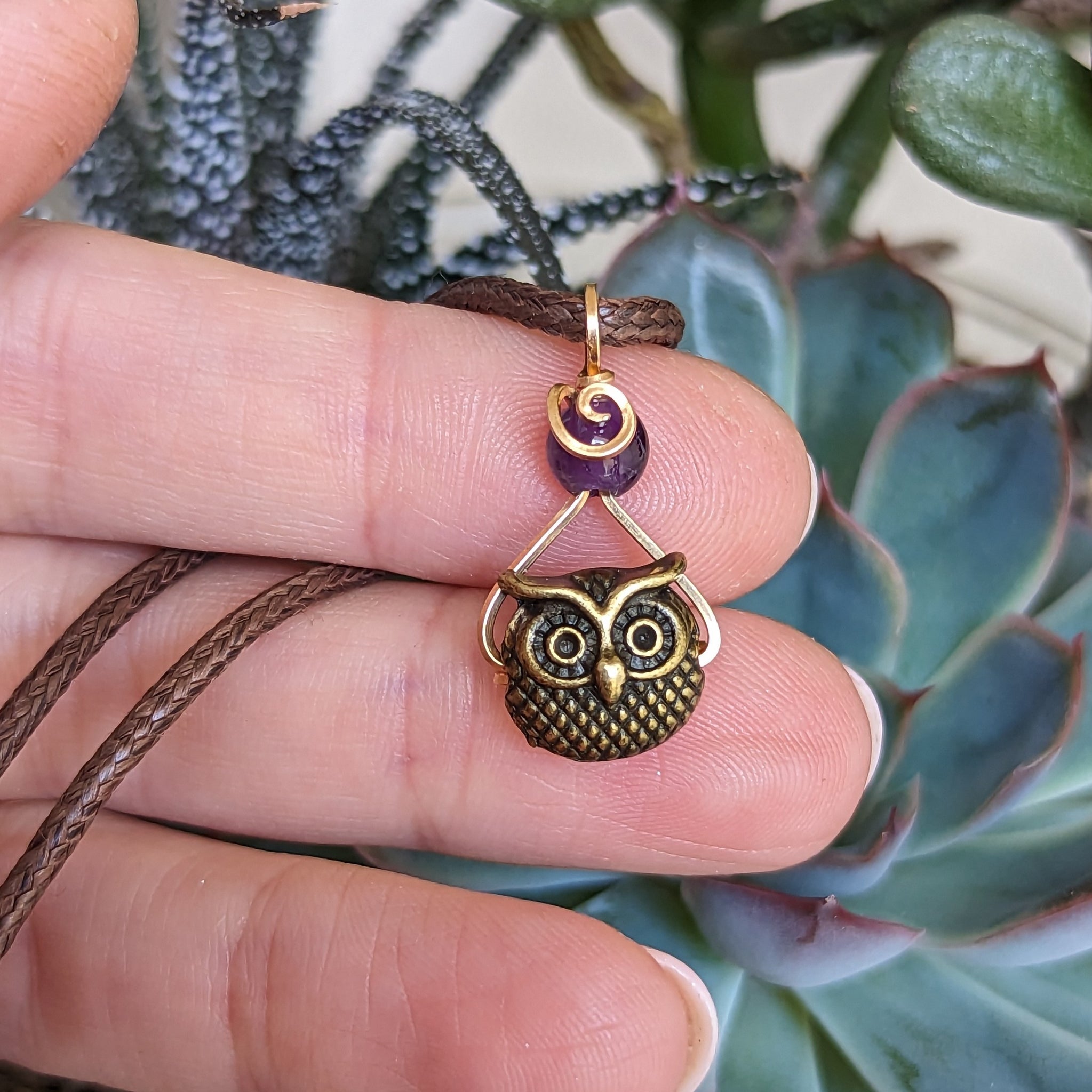 Owl & Amethyst Wire Wrapped Bronze Pendant