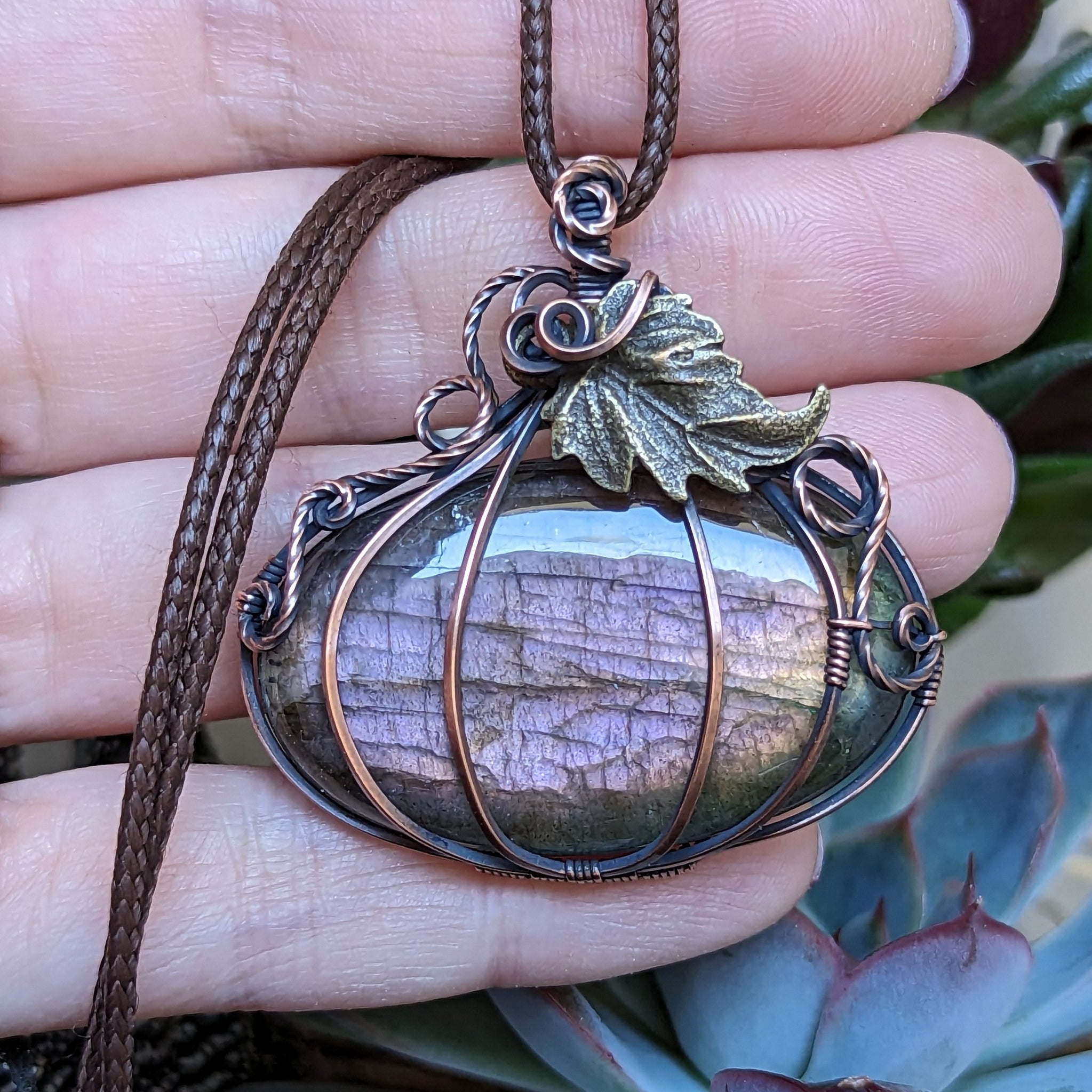Labradorite Pumpkin Wire Wrapped Oxidized Copper Pendant
