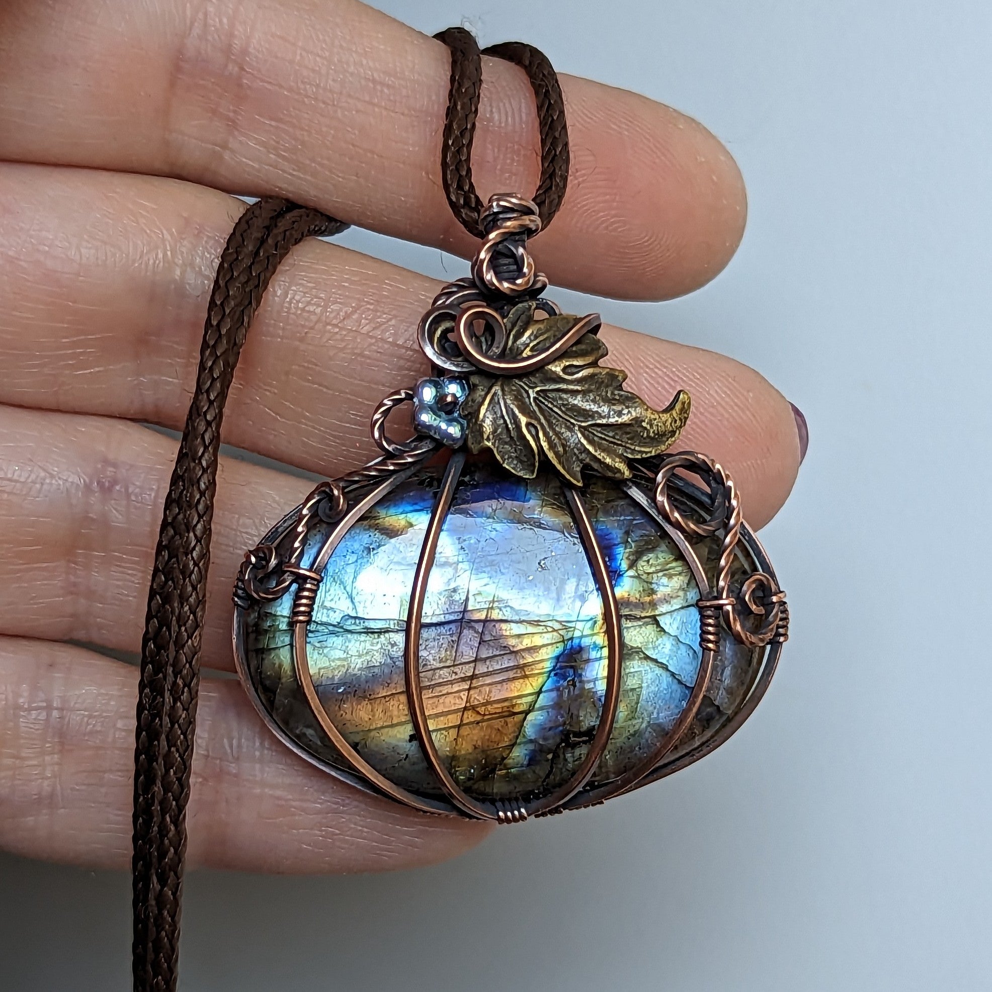 Labradorite Pumpkin Wire Wrapped Oxidized Copper Pendant