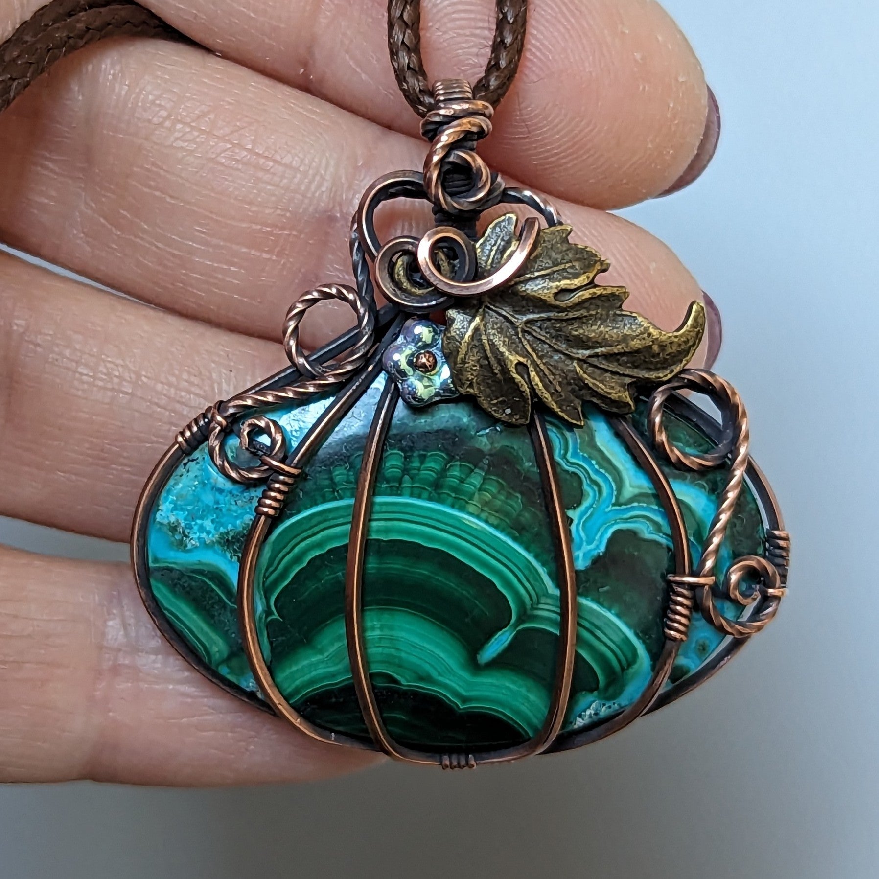 Azurite-Malachite Pumpkin Wire Wrapped Oxidized Copper Pendant