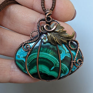 Azurite-Malachite Pumpkin Wire Wrapped Oxidized Copper Pendant