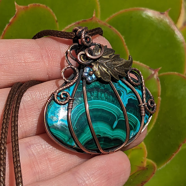 Azurite-Malachite Pumpkin Wire Wrapped Oxidized Copper Pendant