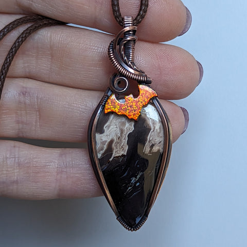 Palm Root Agate Bat Wire Wrapped Oxidized Copper Pendant