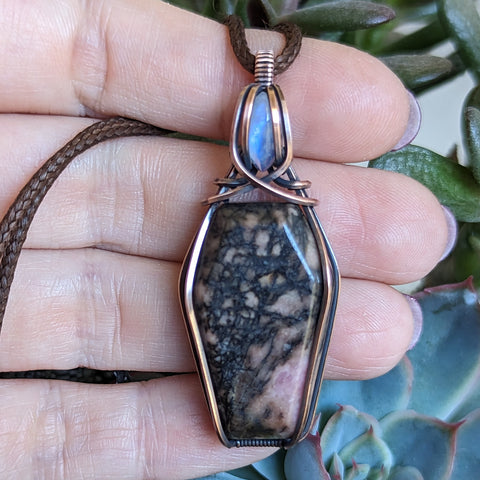 Rhodonite Coffin & Rainbow Moonstone Wire Wrapped Oxidized Copper Pendant