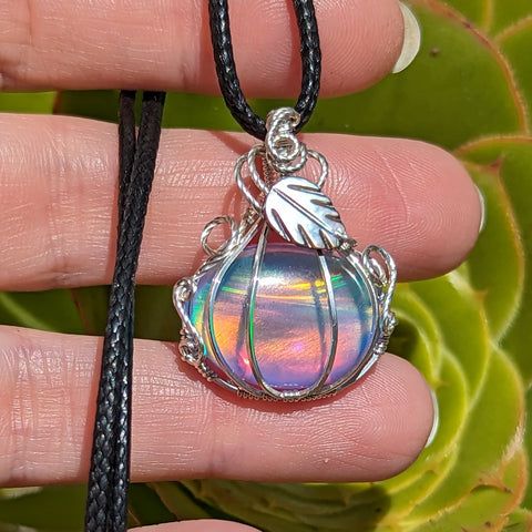 Aurora Opal Doublet Pumpkin Wire Wrapped Sterling Silver Pendant