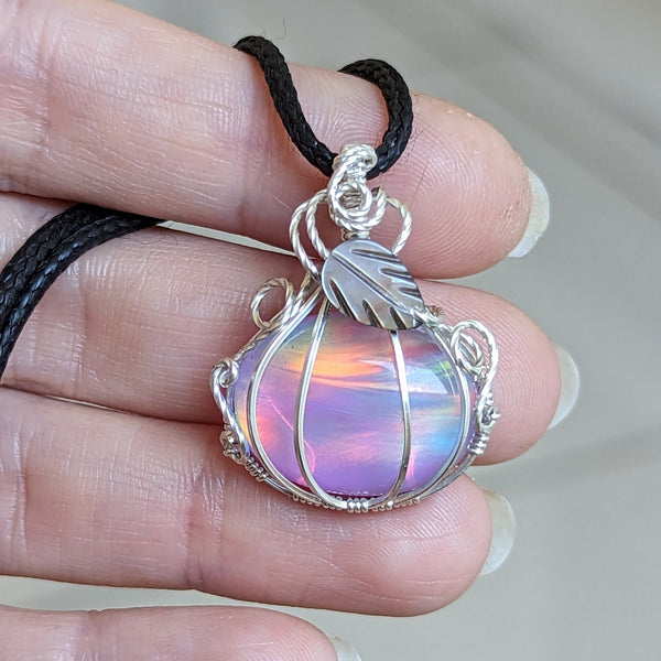 Aurora Opal Doublet Pumpkin Wire Wrapped Sterling Silver Pendant