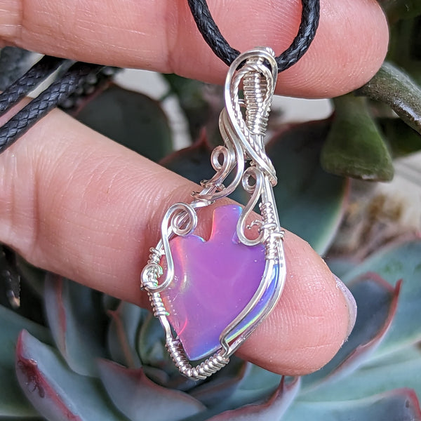 Aurora Opal Leaf Wire Wrapped Sterling Silver Pendant