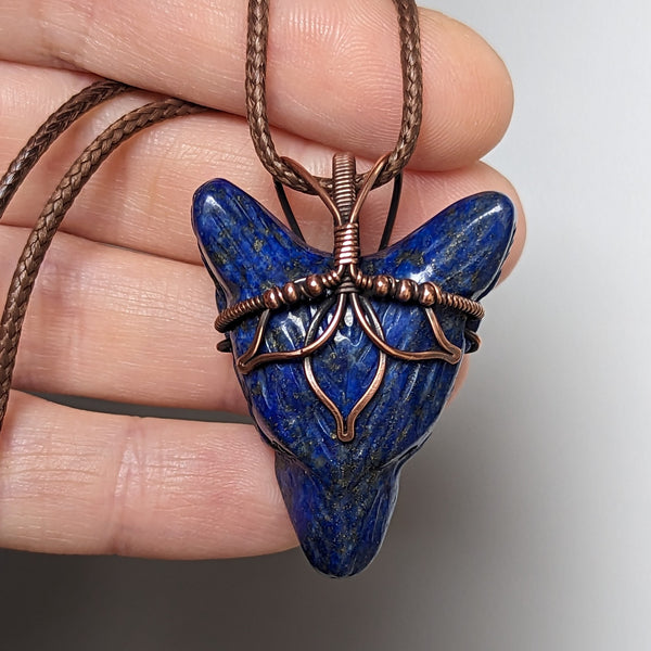 Lapis Lazuli Lotus Wolf Head Pendant in Oxidized Copper