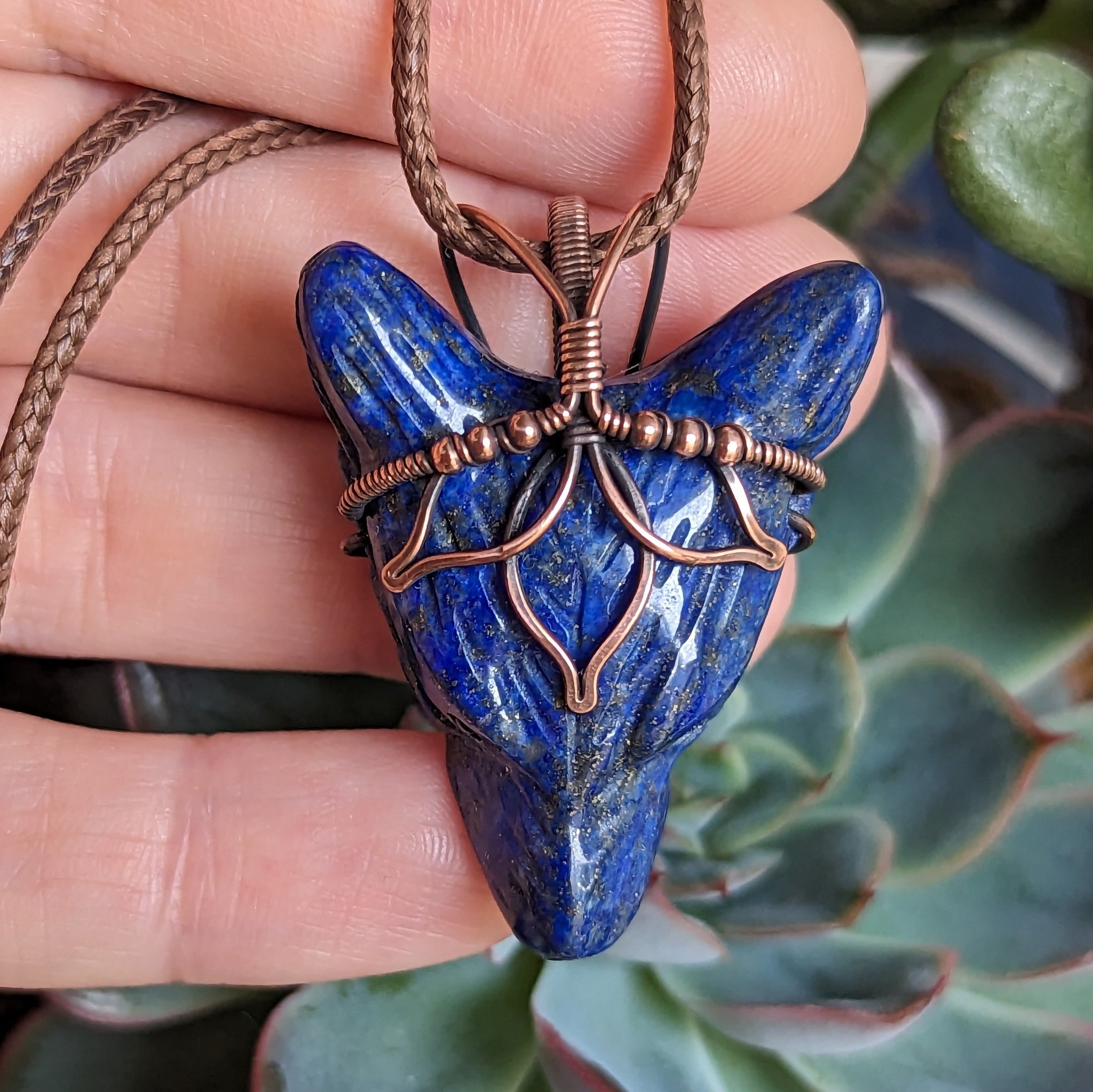 Lapis Lazuli Lotus Wolf Head Pendant in Oxidized Copper
