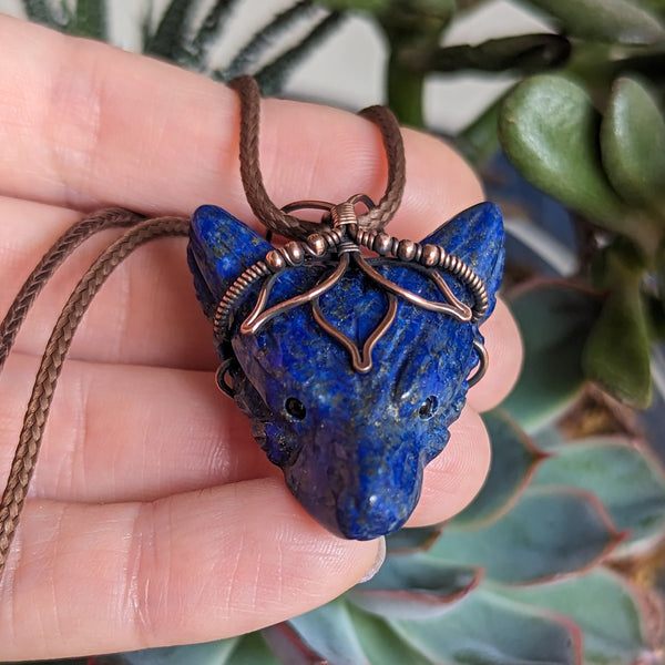 Lapis Lazuli Lotus Wolf Head Pendant in Oxidized Copper