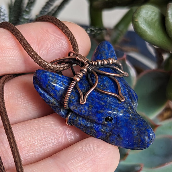 Lapis Lazuli Lotus Wolf Head Pendant in Oxidized Copper