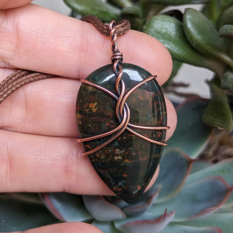Bloodstone Wire Wrapped Oxidized Copper Pendant
