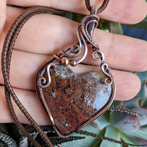 Moss Agate Heart Wire Wrapped Oxidized Copper Pendant