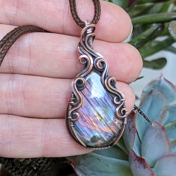 Labradorite Wire Wrapped Oxidized Copper Pendant