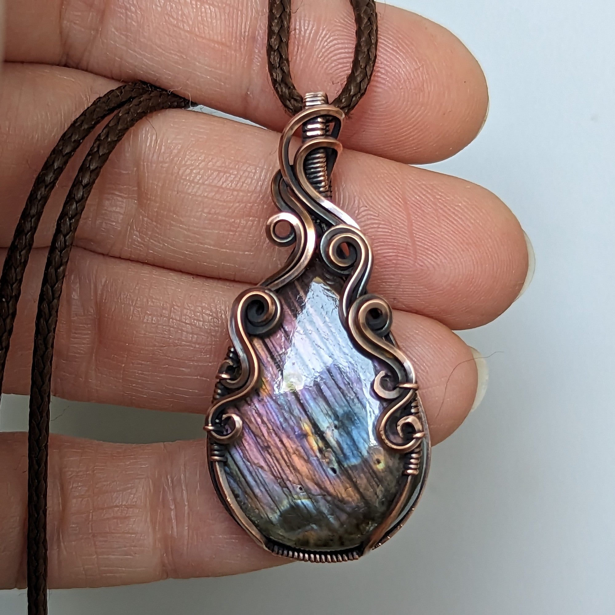 Labradorite Wire Wrapped Oxidized Copper Pendant