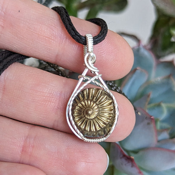 Pyritized Ammonite Fossil Pendant in Sterling Silver