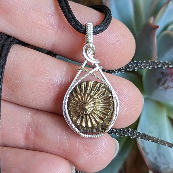 Pyritized Ammonite Fossil Pendant in Sterling Silver