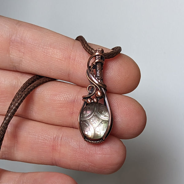 Carved Mother of Pearl Doublet Pendant in Oxidized Copper