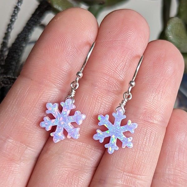 Lab Opal Snowflake Dangle Hook Earrings in Sterling Silver