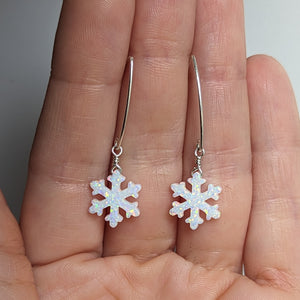 Lab Opal Snowflake Dangle Big Hook Earrings in Sterling Silver