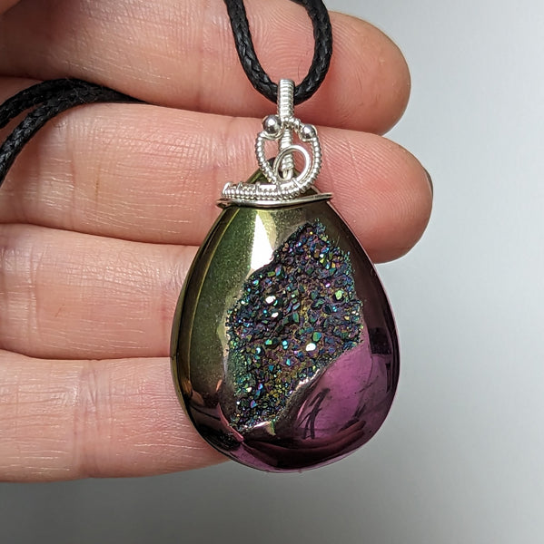 Titanium Coated Agate Druzy Pendant in Sterling Silver