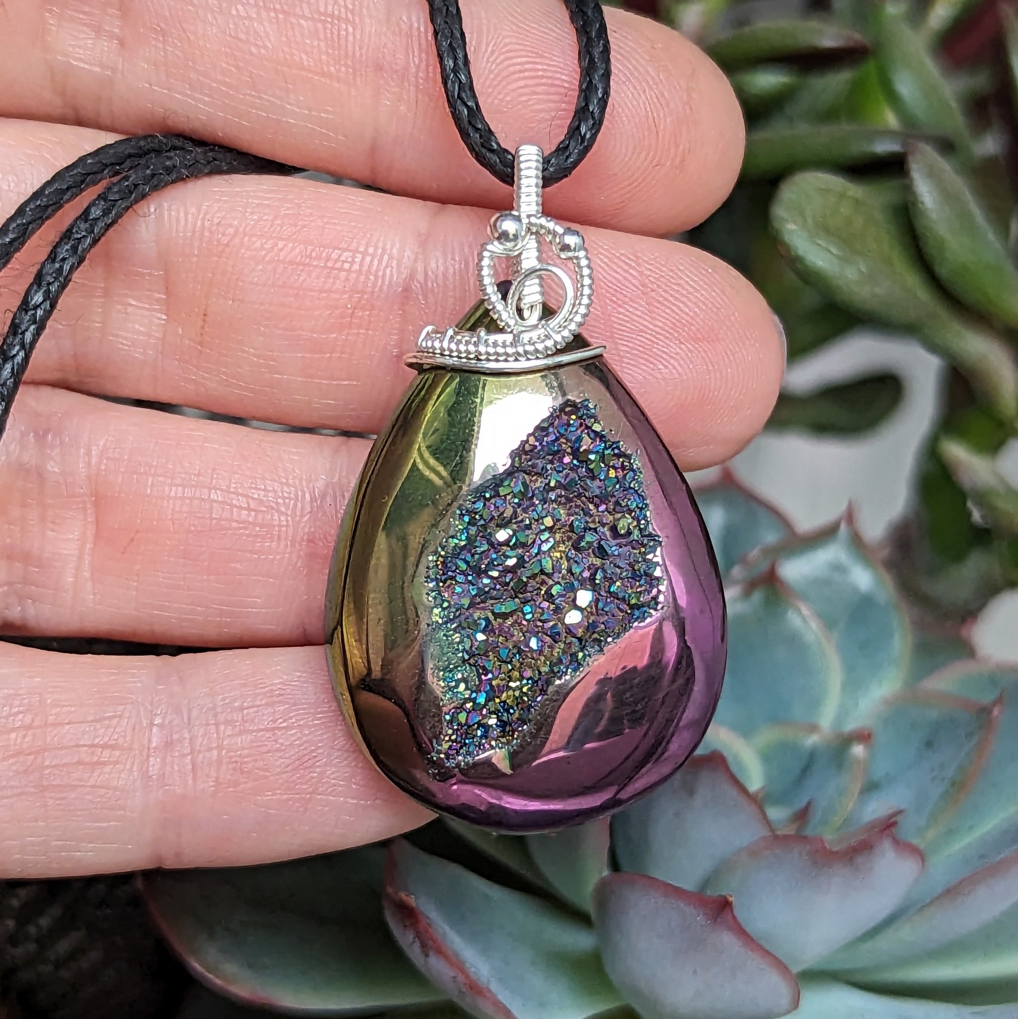 Titanium Coated Agate Druzy Pendant in Sterling Silver