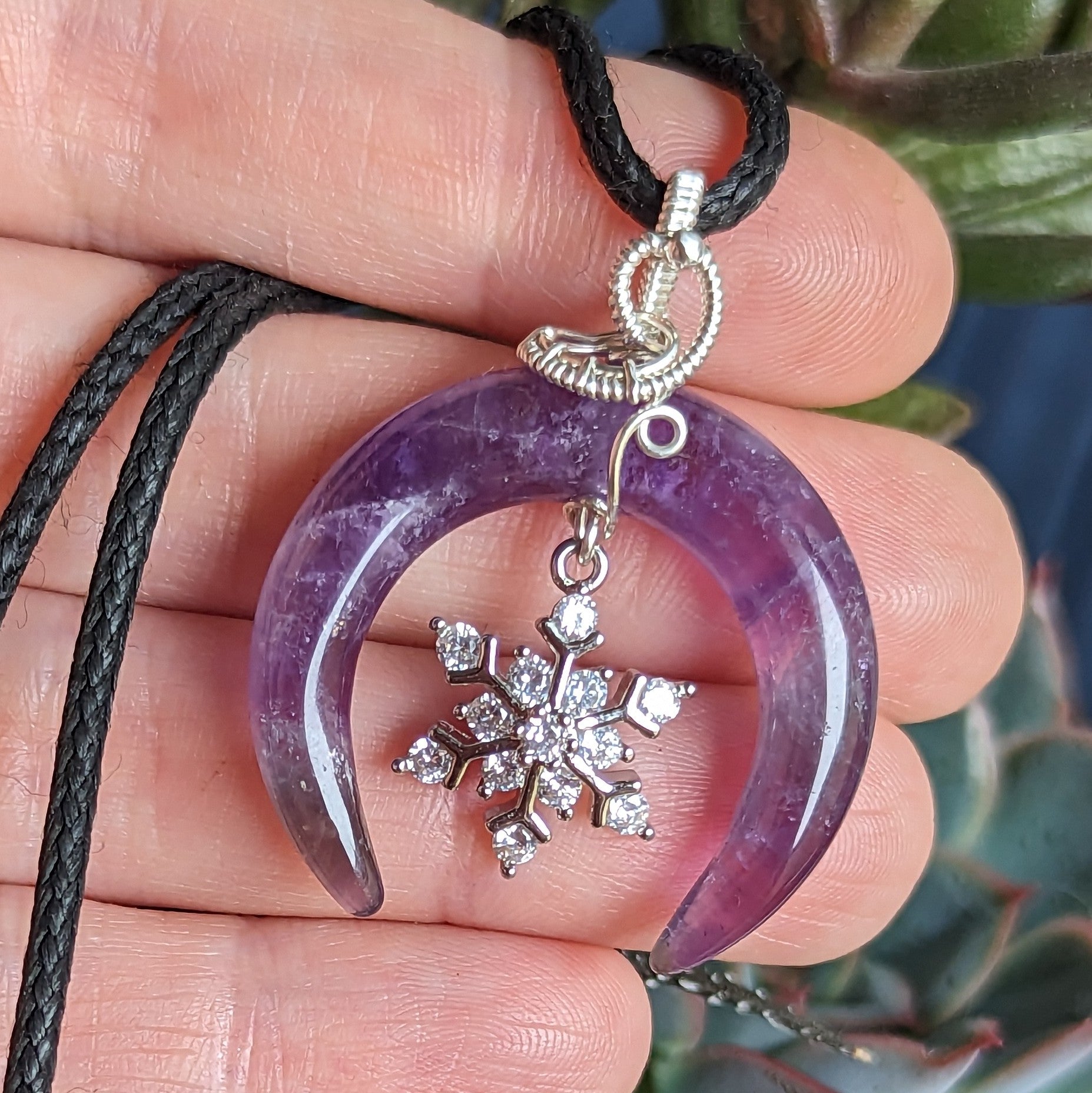 Amethyst Crescent Moon Snowflake Pendant in Sterling Silver
