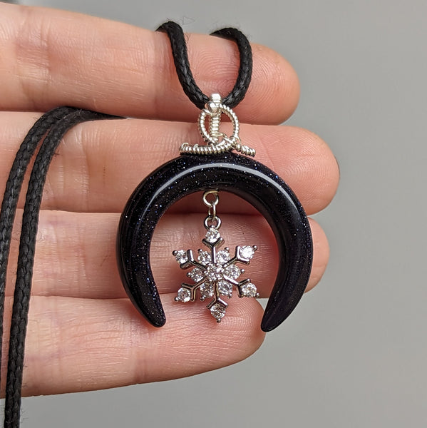 Blue Goldstone Crescent Moon Snowflake Pendant in Sterling Silver