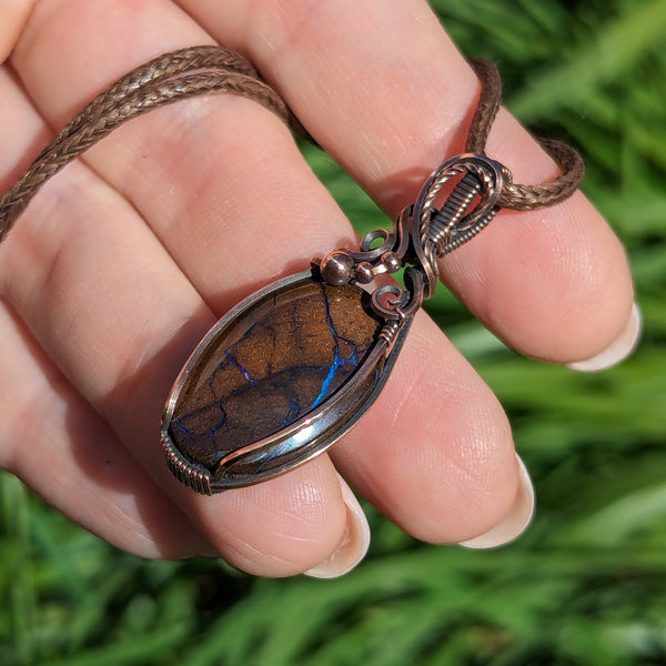 Australian Boulder Opal Wire Wrapped Oxidized Copper Pendant