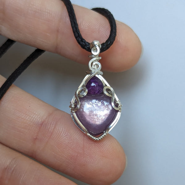 Lepidolite Heart & Amethyst Mini Vase Pendant in Sterling Silver