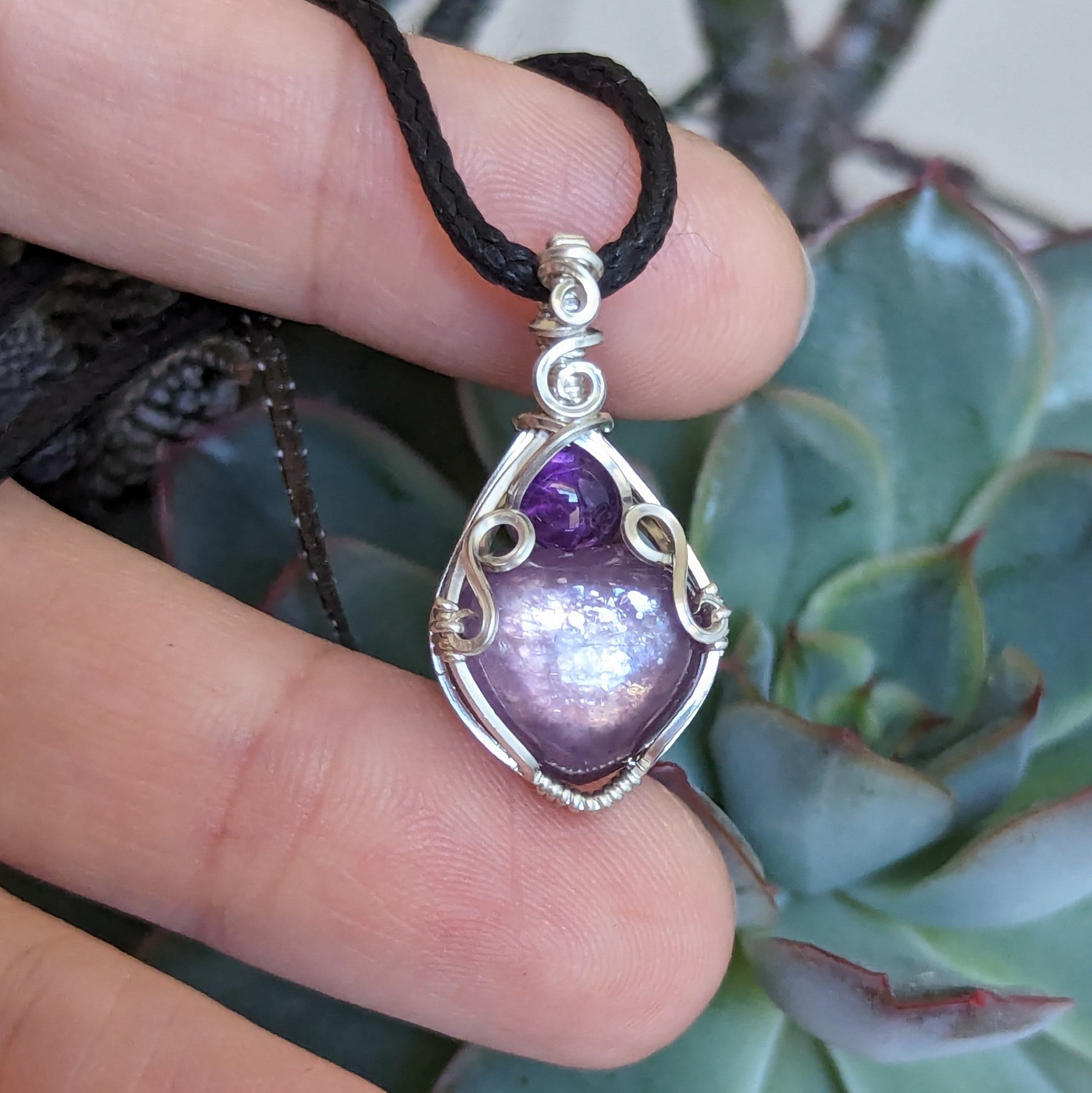 Lepidolite Heart & Amethyst Mini Vase Pendant in Sterling Silver