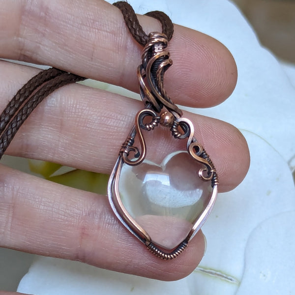 Clear Quartz Heart Pendant in Oxidized Copper
