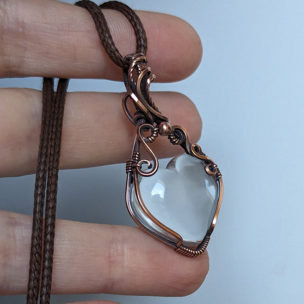 Clear Quartz Heart Pendant in Oxidized Copper