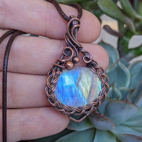 Braided Rainbow Moonstone Wire Wrapped Pendant in Oxidized Copper